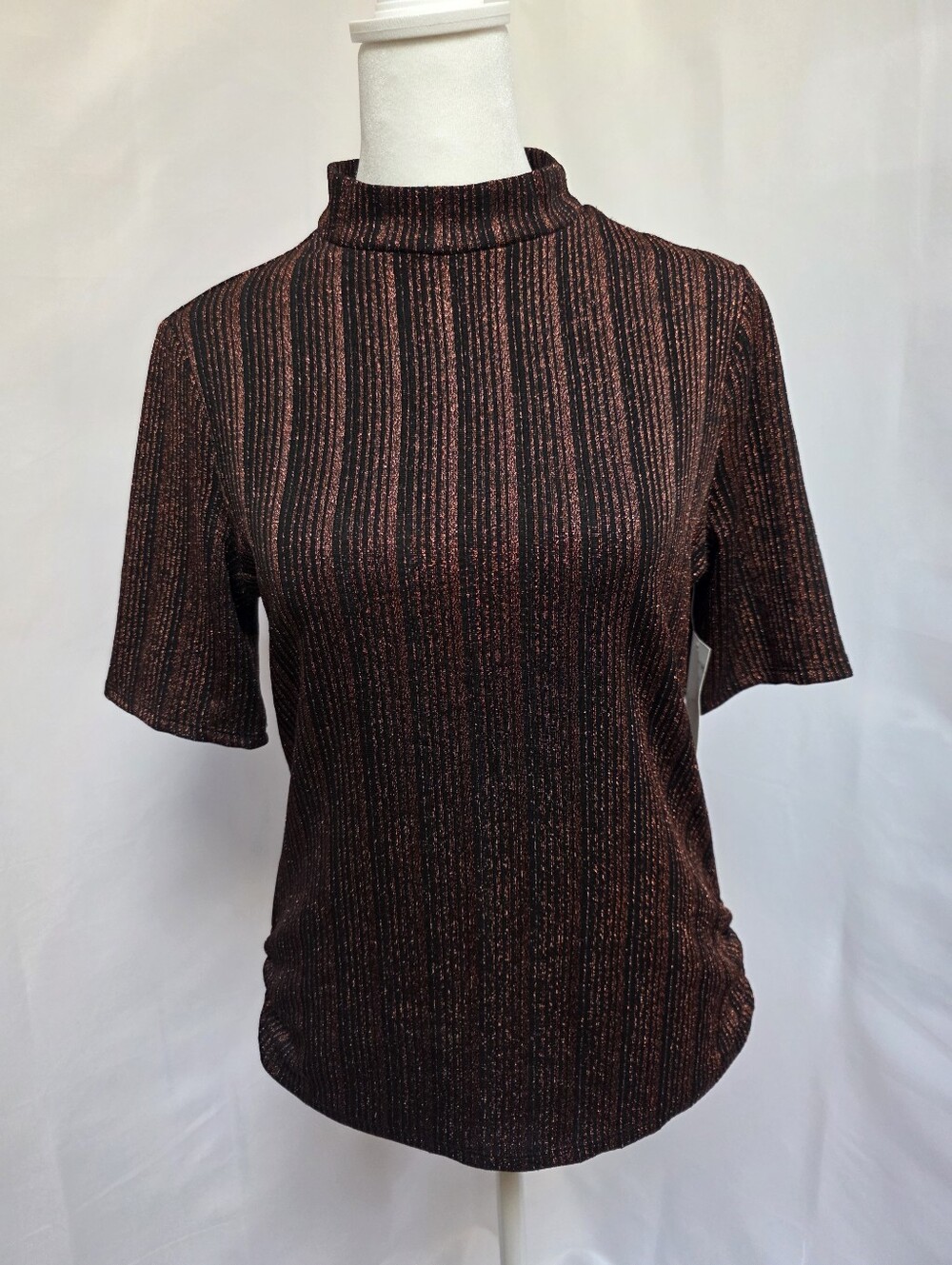 Ivy + Ridge NWT Women's Small Black Copper Metallic Ribbed Mock Neck Knit Top